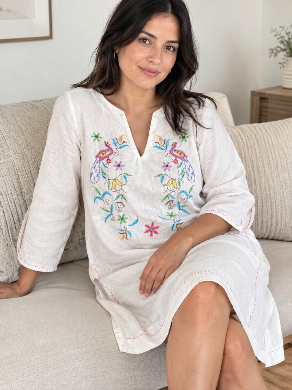 Malick linen tunic S white embroidered